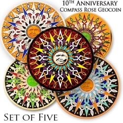 Compass Rose Geocoin 10th Anniversary - Set of 5